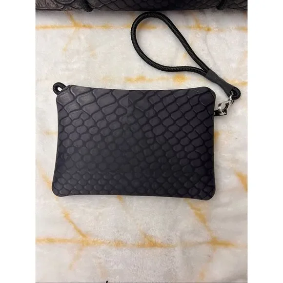 Never Used:  Haute Shore Blk neoprene tote/bag, python print, removable wristlet - Picture 4 of 10